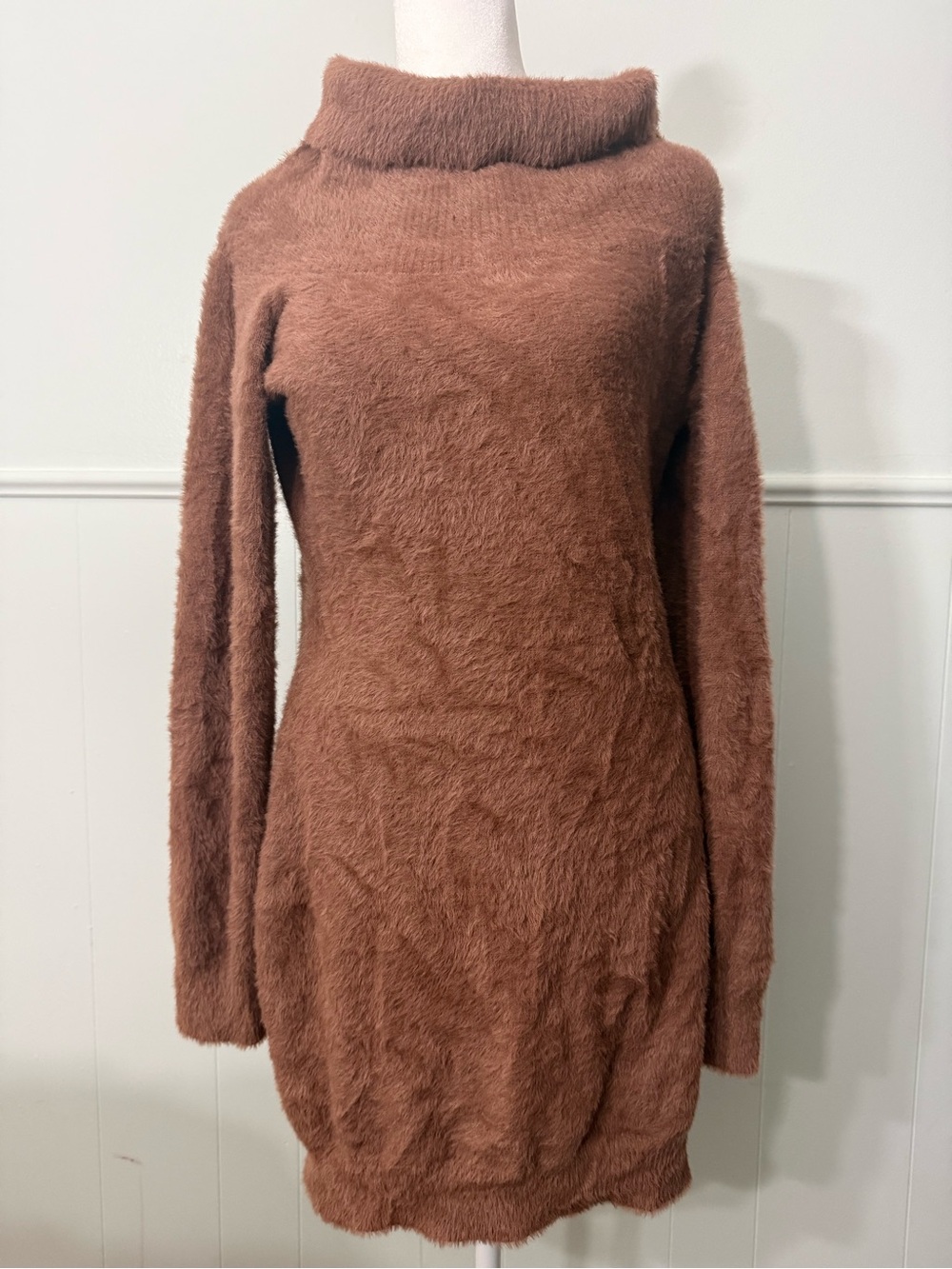 Fuzzy Mock Neck Long Sleeve Dress - Brown